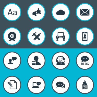 Vektör çizim basit bloglama simgeler kümesi. Öğeleri yayın, profil, gazete ve diğer eş anlamlı Laptop, sıcak ve el.