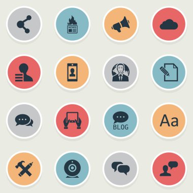 Vektör çizim basit bloglama simgeler kümesi. Öğeleri dostum çengel, hoparlör ve diğer eş anlamlı bulutlu göz önüne alındığında, müzakere ve ilişkisi.