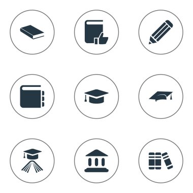 Vektör çizim basit kitap simgeler kümesi. Öğeleri mezuniyet şapka, Kütüphane, akademik Cap ve diğer eş yazma, kitap ve not defteri.
