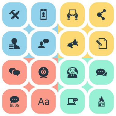 Vektör çizim basit gazete simgeler kümesi. Öğeleri dedikodu, adam dikkate alınarak, not defteri ve diğer eş anlamlı International Forum ve Smartphone.