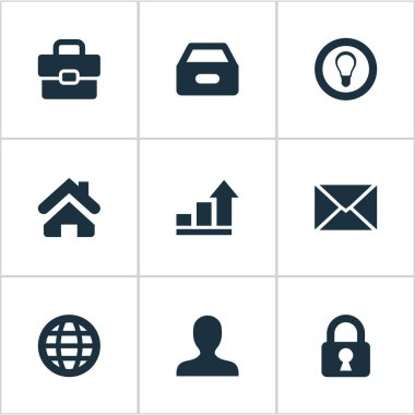 Vektör illüstrasyon iş basit simgeler kümesi. Öğeleri asma kilit, ampul, dosya ve diğer eş anlamlı anonim, korumalı ve portföy.