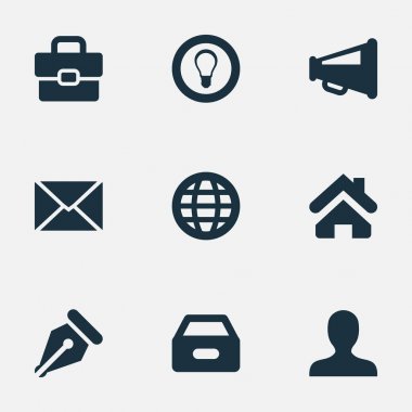 Vektör illüstrasyon iş basit simgeler kümesi. Öğeleri bir megafon, bavul, uç ve diğer eş, megafon imzalayıp kalem.