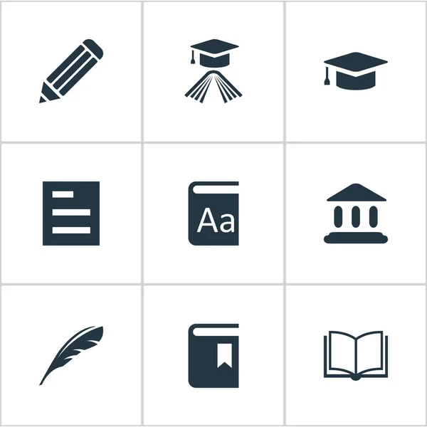 Vector Illustration Set of Simple Books Icons (en inglés). Elementos Plume, Cuaderno en Blanco, Biblioteca y Otros Sinónimos Quill, Cuaderno y Graduación . — Vector de stock