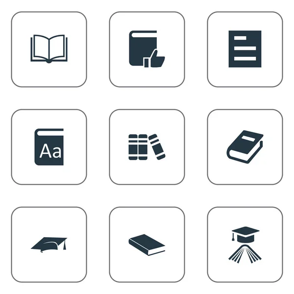 Vector illustratie Set van eenvoudige kennis iconen. Elementen Tasklist, Aanbevolen lezing, lege Notebook en andere synoniemen Notebook, opmerking en Cap. — Stockvector