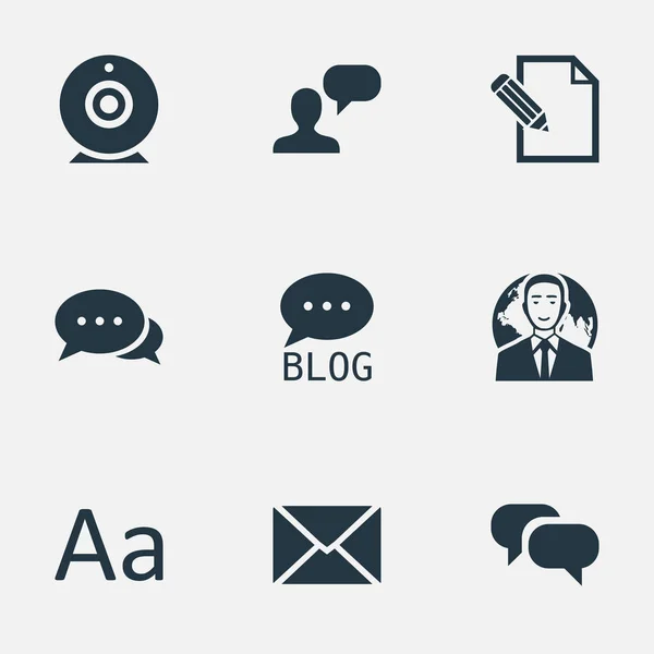 Vector illustratie Set van eenvoudige Blogging iconen. Elementen Man overweegt, Document, boeken en andere synoniemen overwegen, Site en het discussiebord. — Stockvector