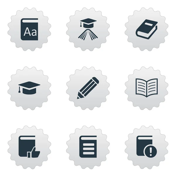 Vector illustratie Set van eenvoudige onderwijs iconen. Elementen boek pagina, academische Cap, Afstudeer hoed en andere synoniemen schrijven, hoed en alfabet. — Stockvector