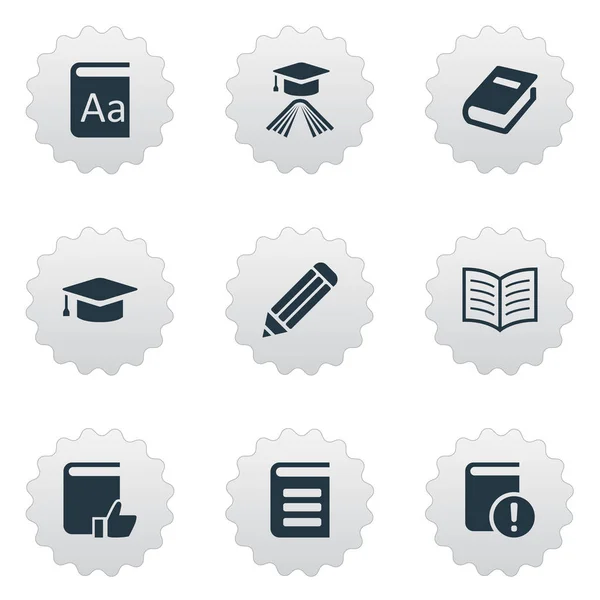 Vector Illustration Set of Simple Education Icons (en inglés). Página del libro de los elementos, tapa académica, sombrero de graduación y otros sinónimos que escriben, sombrero y alfabeto . — Archivo Imágenes Vectoriales