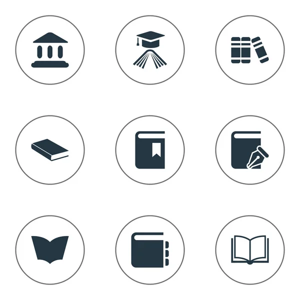 Vector illustratie Set van eenvoudige kennis iconen. Elementen bibliotheek, Notebook, schetsboek en andere synoniemen Notebook, gebouw en Bookshelf. — Stockvector