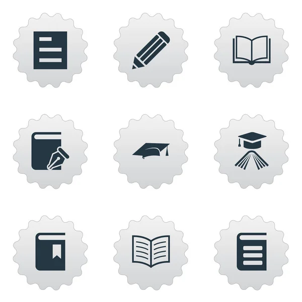 Vector illustratie Set van eenvoudige onderwijs iconen. Elementen Pen, academische Cap, schetsboek en andere synoniemen lijst, Document en leeg. — Stockvector