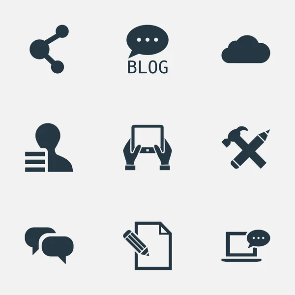 Vector illustratie Set van eenvoudige Blogging iconen. Elementen bewolking, Kladblok, reparatie en andere synoniemen Laptop, Tablet en hamer. — Stockvector