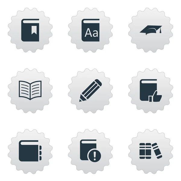 Vector illustratie Set van eenvoudige onderwijs iconen. Elementen belangrijk lezen, Aanbevolen lezing, Journal en andere synoniemen hoed, alfabet en schrijven. — Stockvector