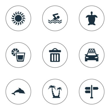 Vektör çizim basit Seaside simgeler kümesi. Adam, kavşak, palmiye ve diğer eş anlamlı erkek Yüzme öğeleri Palm ve deniz.