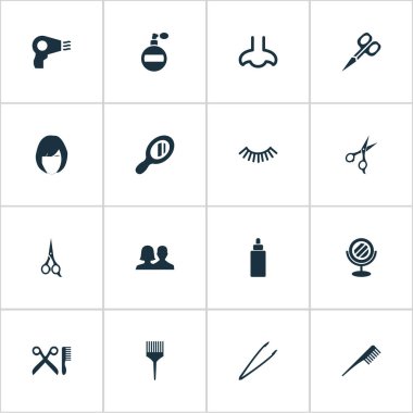 Vektör çizim basit kozmetik simgeler kümesi. Öğeleri saç modeli, makas, Fön ve diğer eş anlamlı makasları, berber ve tarak.