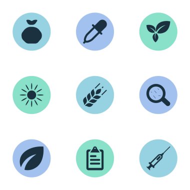 Vektör çizim basit tarım simgeler kümesi. Öğeleri pipet, şırınga, yaprak ve diğer eş anlamlı ilaç listesi ve damlalıklı.