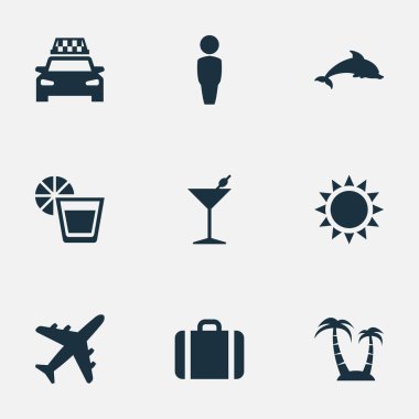 Vektör çizim basit Beach simgeler kümesi. Öğeleri erkek, uçak, güneş ve diğer eş anlamlı parti, deniz ve beyefendi.