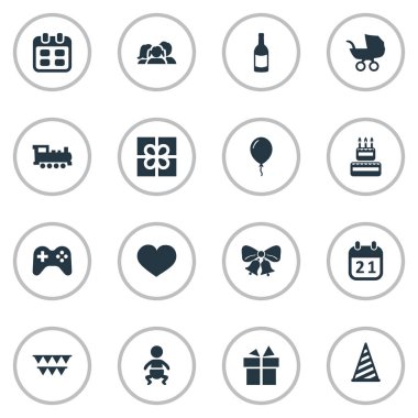 Vektör çizim basit kutlama simgeler kümesi. Öğeleri bebek arabası, gün, oyun ve diğer eş anlamlı Buhar geçmiş ve bebek arabası.