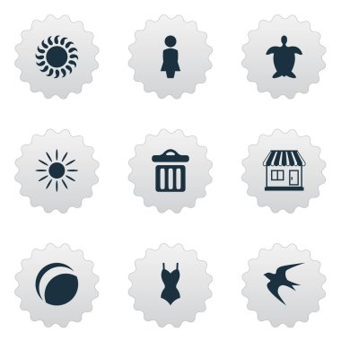 Vektör çizim basit Beach simgeler kümesi. Öğeleri güneş ışığı, plaj oyunları, sıcak ve diğer eş anlamlı çöp, özgürlük ve güneş ışığı.