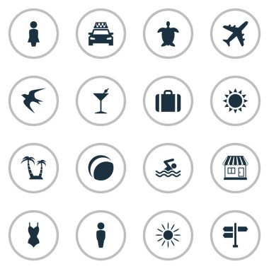 Vektör çizim basit Beach simgeler kümesi. Öğeleri güneş, erkek, kaplumbağa ve diğer eş anlamlı beyefendi, gezi ve taksi.