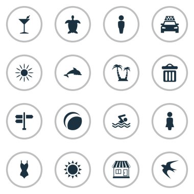 Vektör çizim basit Seaside simgeler kümesi. Öğeleri çöp, kaplumbağa, sıcak ve diğer eş anlamlı yaz, top ve Yüzme.