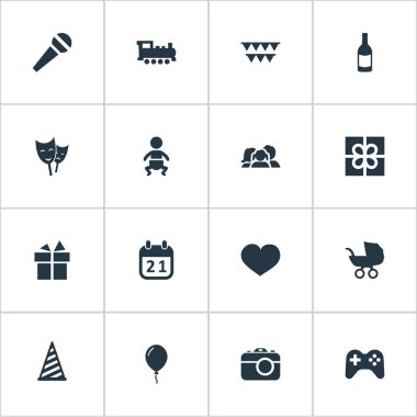 Vektör çizim basit kutlama simgeler kümesi. Öğeleri Aerostat, özel gün, kamera ve diğer eş anlamlı ruh, oynamak ve şerit.