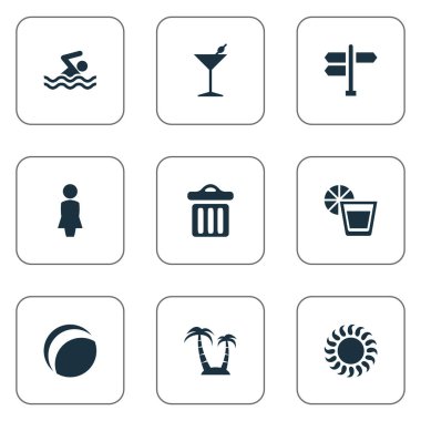 Vektör çizim basit Seaside simgeler kümesi. Öğeleri plaj oyunları, güneş ışığı, yüzme adam ve diğer eş iç, Madam ve güneş ışığı.