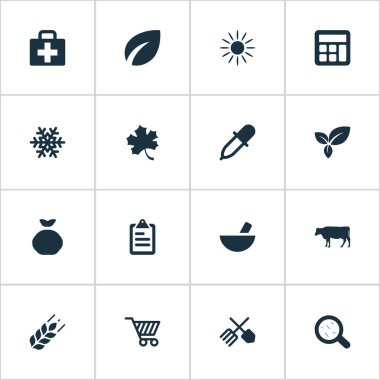 Vektör çizim basit tarım simgeler kümesi. Öğeleri sepeti, buğday, inek ve diğer eş anlamlı güneşe maruz kalma, güneş ışığı ve kar.