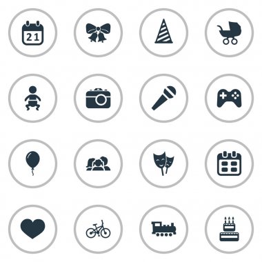 Vektör çizim basit kutlama simgeler kümesi. Öğeleri tren, Aerostat, Bisiklet ve diğer eş gökyüzü, parti ve bebek.