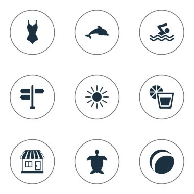 Vektör çizim basit Seaside simgeler kümesi. Öğeleri deposu, plaj oyunları, kaplumbağa ve diğer eş anlamlı kavşak, Yunus ve kaplumbağa.