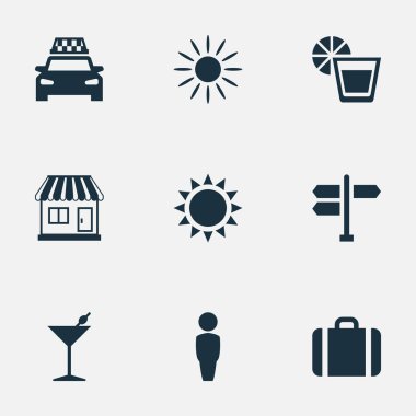 Vektör çizim basit Seaside simgeler kümesi. Öğeleri taksi, kavşak, erkek ve diğer eş anlamlı erkek, yaz, güneş #.