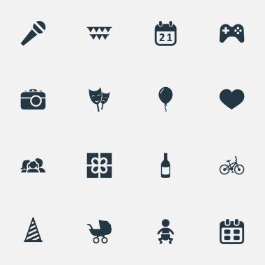 Vektör çizim basit kutlama simgeler kümesi. Öğeleri maske, konuşma, oyun ve diğer eş sunmak, gökyüzü ve Tarih.