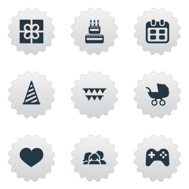 Vektör çizim basit kutlama simgeler kümesi. Öğeleri kutusu, oyun, gün ve diğer eş anlamlı şapka kap ve bebek.