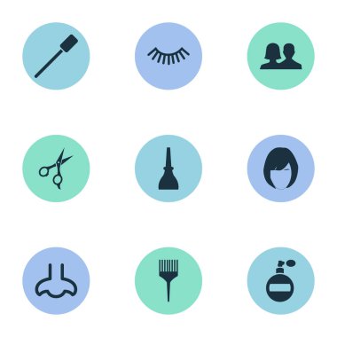 Vektör çizim basit Spa simgeler kümesi. Öğeleri kirpik fırçası, tarak, koku ve diğer eş anlamlı Kuaförlük, çivi ve maskara.