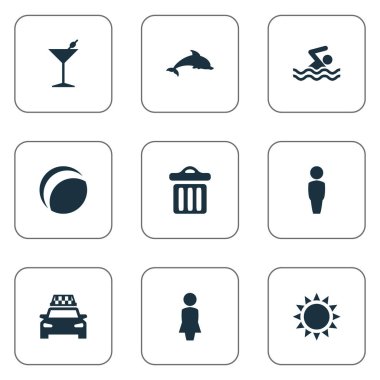 Vektör çizim basit Beach simgeler kümesi. Öğeleri kokteyl, kadın, çöp ve diğer eş Bar, çöp kutusu ve kokteyl.