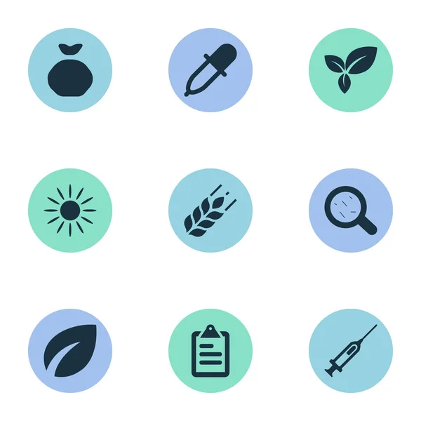 Vektorové ilustrace sada jednoduchých zemědělských ikon. Prvky pipetou, stříkačka, listí a další synonyma medicíny, seznam a kapátkem. — Stockový vektor
