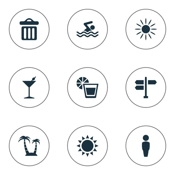 Vector Illustration Set Of Simple Beach Icons. Elements Hot, Palm, Swimming Man And Other Synonyms Bar, Garbage And Man. — Stock Vector