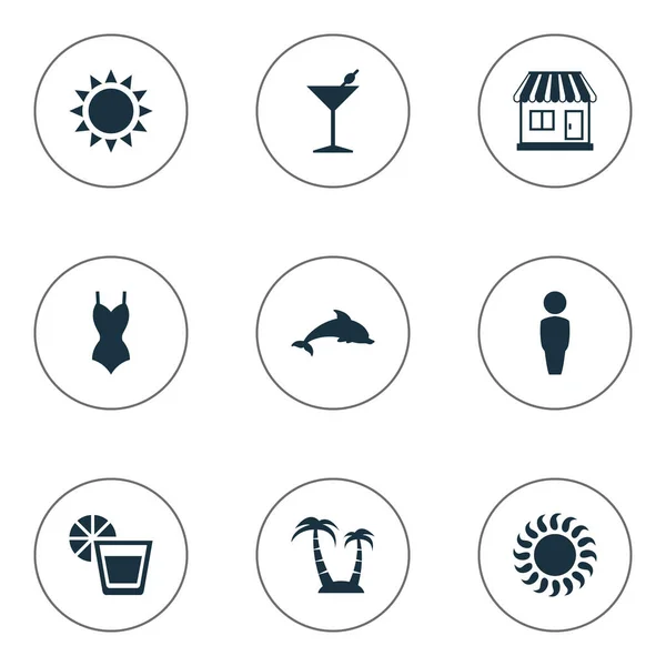 Vector Illustration Set Of Simple Seaside Icons. Elements Sunlight, Palm, Mammal Fish And Other Synonyms Male, Palm And Lemonade. — Stock Vector