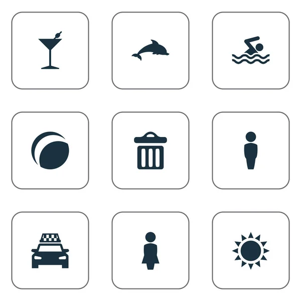 Vektor Illustration uppsättning enkel Beach ikoner. Element Cocktail, Kvinna, sopor och andra synonymer Bar, papperskorgen och Cocktail. — Stock vektor