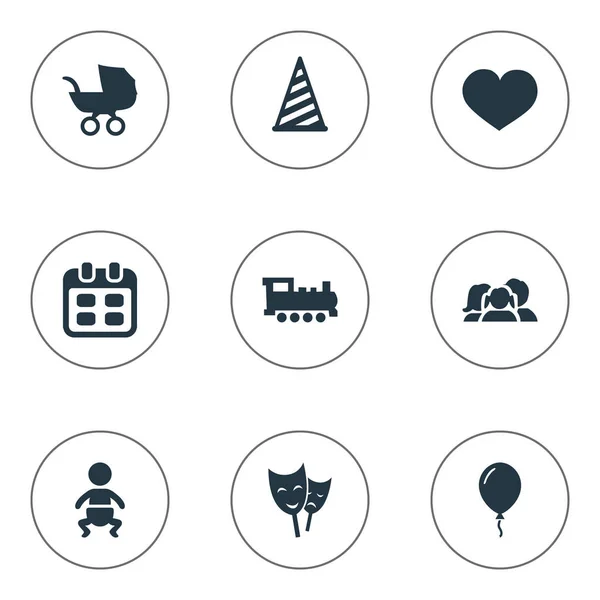 Vector illustratie Set van eenvoudige viering iconen. Elementen, masker, Soul, Cap en andere synoniemen hart, Aerostat en stoom. — Stockvector