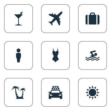 Vektör çizim basit Seaside simgeler kümesi. Öğeleri taksi, Bikini, kokteyl ve diğer eş anlamlı Havuzu, palmiye ve uçak.