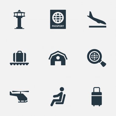 Vektör çizim basit uçak simgeler kümesi. Öğeleri seyahat çantası, Alighting uçak, koltuk ve diğer eş anlamlı adam, Bagaj ve Alighting.