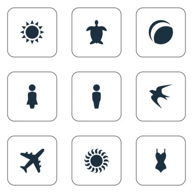 Vektör çizim basit Seaside simgeler kümesi. Öğeleri Bikini, plaj oyunları, kadın ve diğer eş anlamlı erkek, Beachwear ve macera.