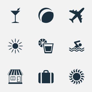 Vektör çizim basit Seaside simgeler kümesi. Öğeleri güneş ışığı, sıcak, yüzme adam ve diğer eş anlamlı ısı güneş ışığı ve gezi.