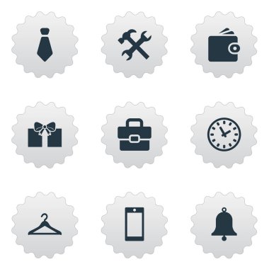 Vektör çizim basit aksesuarları simgeler kümesi. Öğeleri askı, kravat, faturaları ve diğer eş anlamlı cüzdan, kravat ve çanta.