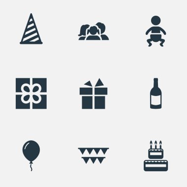 Vektör çizim basit doğum günü simgeler kümesi. Öğeleri kutusu, şekerleme, ev içi kullanımına yönelik ve diğer eş anlamlı Aerostat insanlar ve hediye.