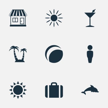 Vektör çizim basit Seaside simgeler kümesi. Öğeleri erkek, deposu, plaj oyunları ve diğer eş anlamlı Bagaj, Bar ve kokteyl.