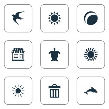 Vektör çizim basit Beach simgeler kümesi. Öğeleri yutmak, sıcak, mağaza ve diğer eş memeli, macera ve su.