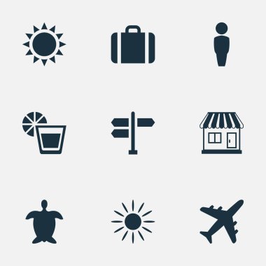 Vektör çizim basit Seaside simgeler kümesi. Öğeleri güneş, içecek, uçak ve diğer eş anlamlı deposu, beyefendi ve adam.