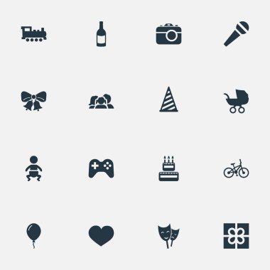 Vektör çizim basit tatil simgeler kümesi. Öğeleri Aerostat, içecek, maske ve diğer eş anlamlı oyun iç ve taşıma.