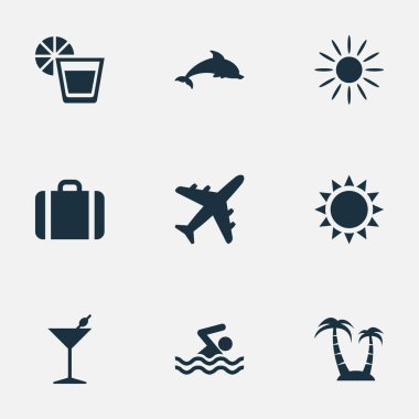 Vektör çizim basit Beach simgeler kümesi. Öğeleri içecek, uçak, palmiye ve diğer eş anlamlı bavul, ada ve çelme takmak.