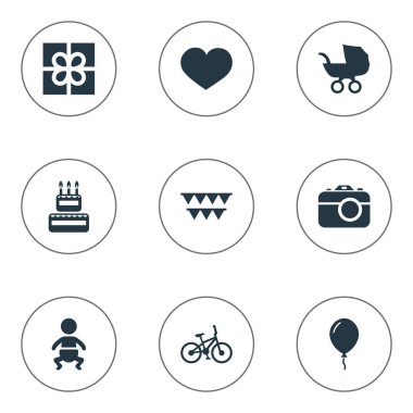 Vektör çizim basit tatil simgeler kümesi. Öğeleri kutusu, şekerlemeler, Aerostat ve diğer eş anlamlı süslemeleri, ruh ve bayrakları.